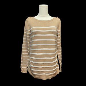 Tan/White Striped Long Sleeve Knit Sweater w/ Anchor Button Epaulettes